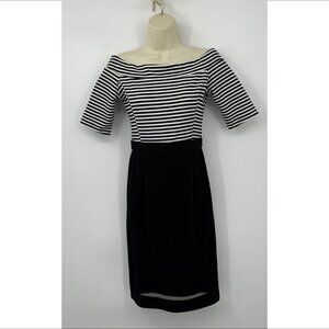 DO+BE black white shift dress stripe stretch knit off shoulder wide texture S